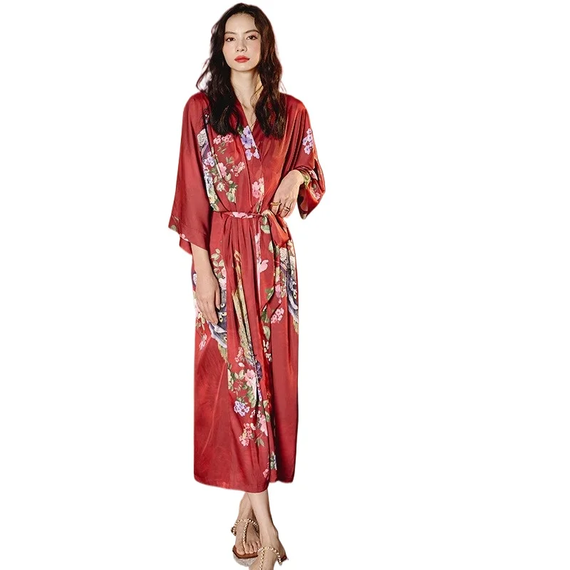 loungewear-women's-summer-large-size-light-luxury-seven-quarter-sleeves-cool-long-pajamas-smooth-and-soft-satin-printed-pajamas