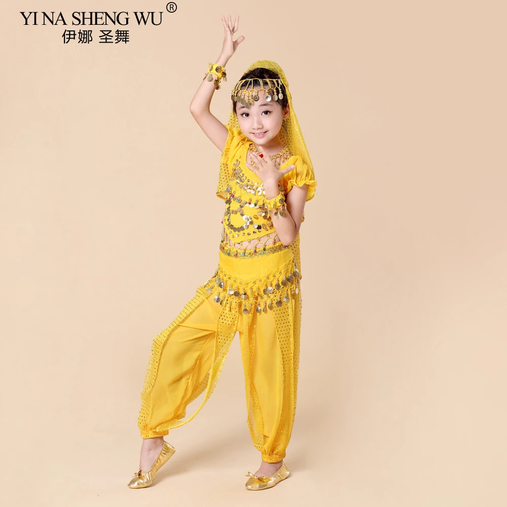 Nuevos trajes de danza del vientre para niños, conjunto de 5 uds (Top + Pantalones + cadena de cintura + pulsera + tocado), trajes de Bollywood para danza del vientre de la India para niños