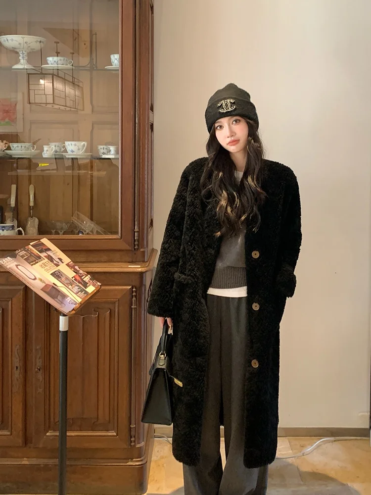 

Лондонская художественная шуба из овечьего меха, женская шерстяная куртка средней длины, теплая однобортная длинная шапка без шапки с тремя V-Ne