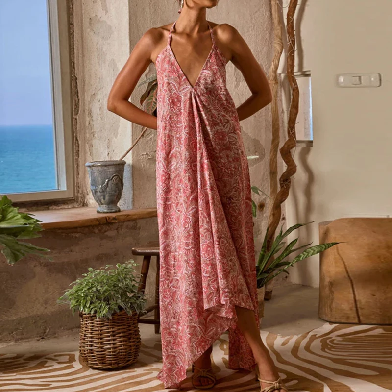 Summer Casual Pleat Loose Vacation Party Dress Women Elegant Sleeveless Hollow Dress 2025 Fashion Floral Print Beach Long Dress