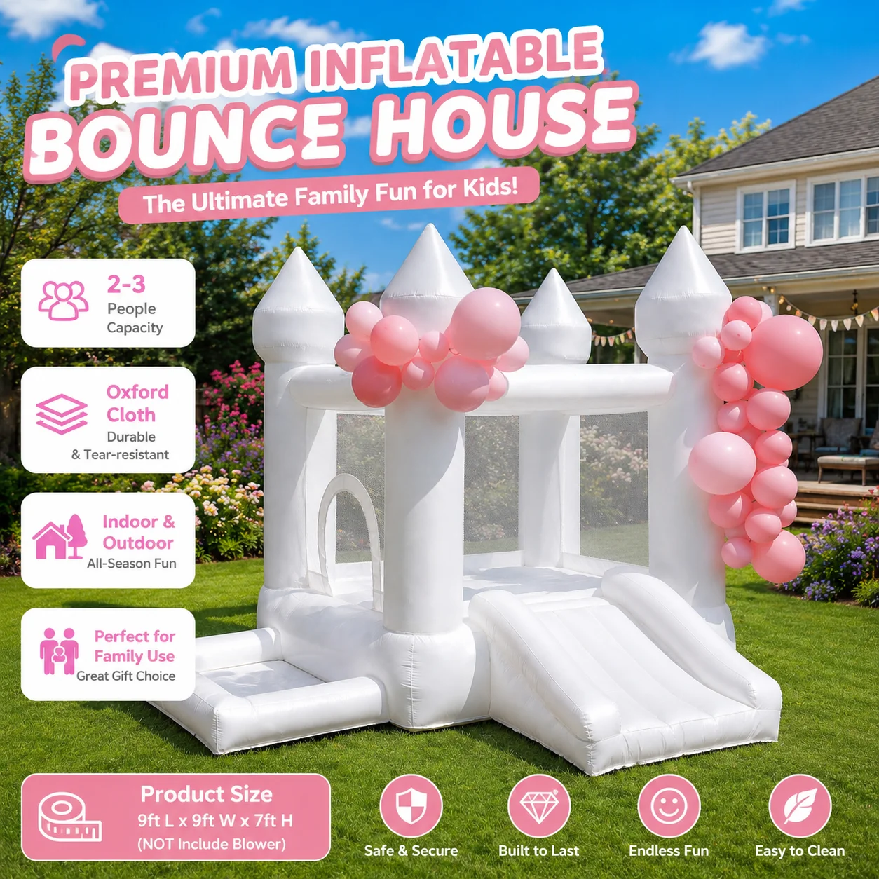 (Come with Blower) 9x9x7ft Inflatable White Bounce Castle with Slide & Ball Pit For Kids High-Quality Oxford For Indoor and Outdoor Family at Birthdays and Celebration