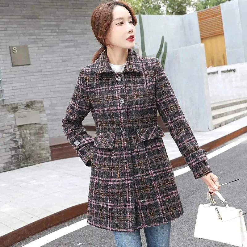 

Женское шерстяное пальто с решеткой, новинка 2026, осенне-зимняя модная однобортная женская верхняя одежда средней длины с лацканами