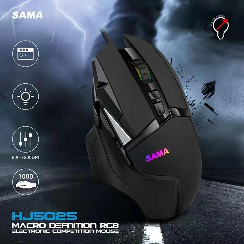 SAMA HJ5025 USB con cable 800-8000 DPI All Key Macro Defnition RGB Mouse / Electronic Competition Gaming Mouse/ LED Breath Light