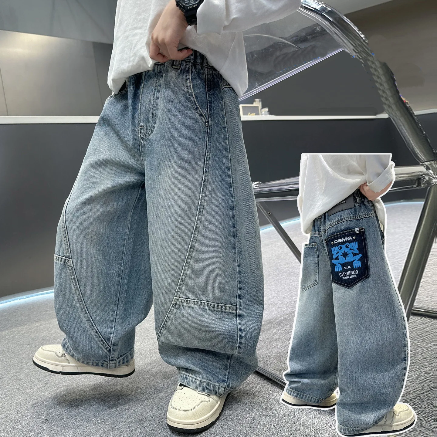 New Autumn Children Baggy Curved Jeans for Teen Boys School Casual Denim Pants Kids Classic Designer Wide Leg Trousers for 4-15