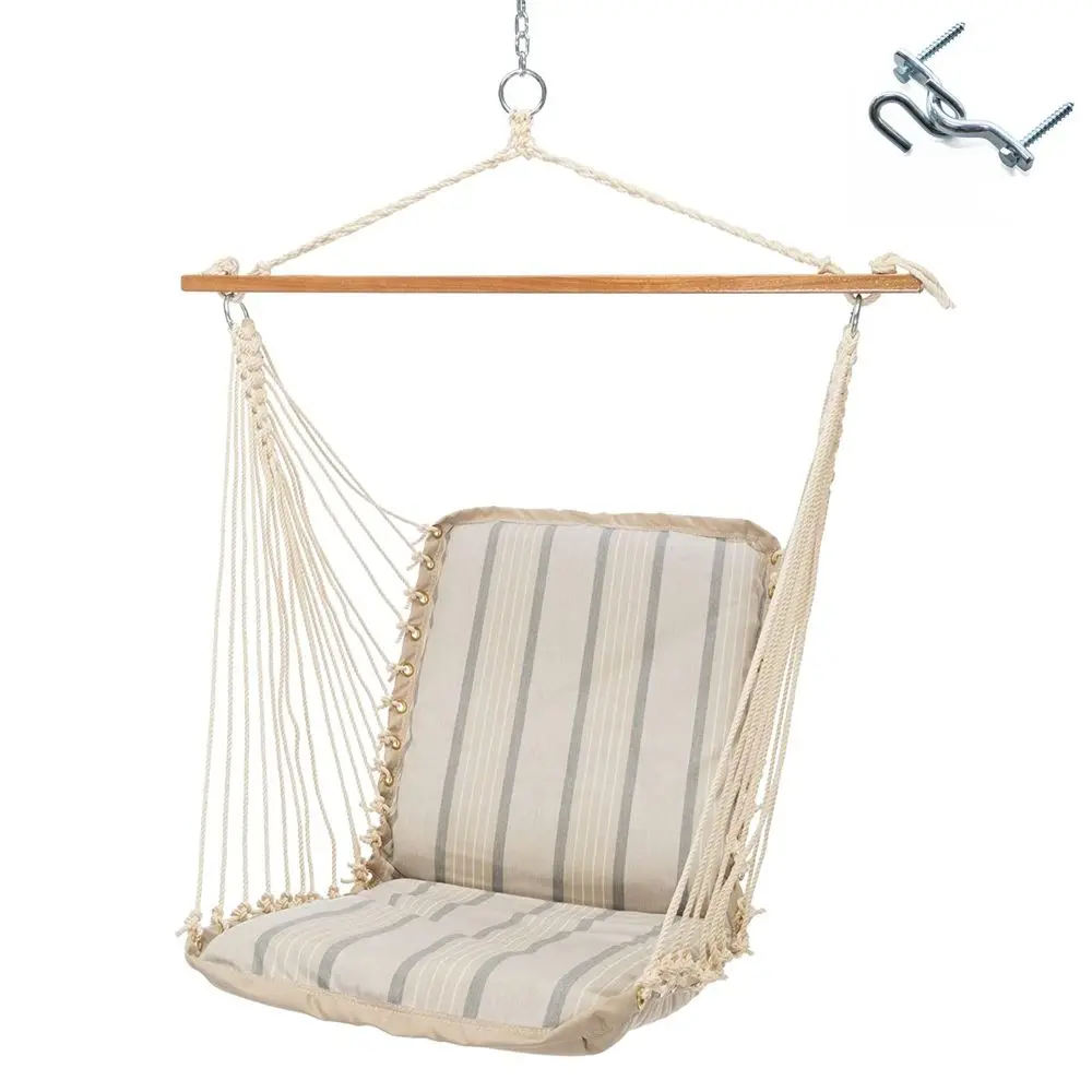 Sunbrella Cushioned Single Swing in Cove Pebble with Oak Spreader Bar, Handcrafted in The USA, 350 LB Weight Capacity, 24 in. L