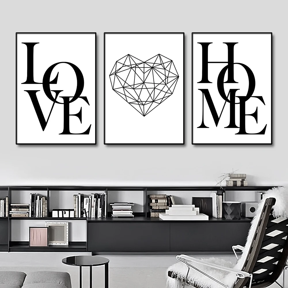 3pcs/set  frameless  3pcs Love Home Diamond Heart Letter Canvas Prints Nordic Modern Living Room Wall Art Black White Decorative