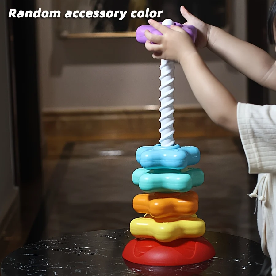 Montessori หมุน Rainbow Tower เด็กซ้อนปริศนาของเล่นความปลอดภัยและป้องกันสิ่งแวดล้อมสีของเล่นเด็ก