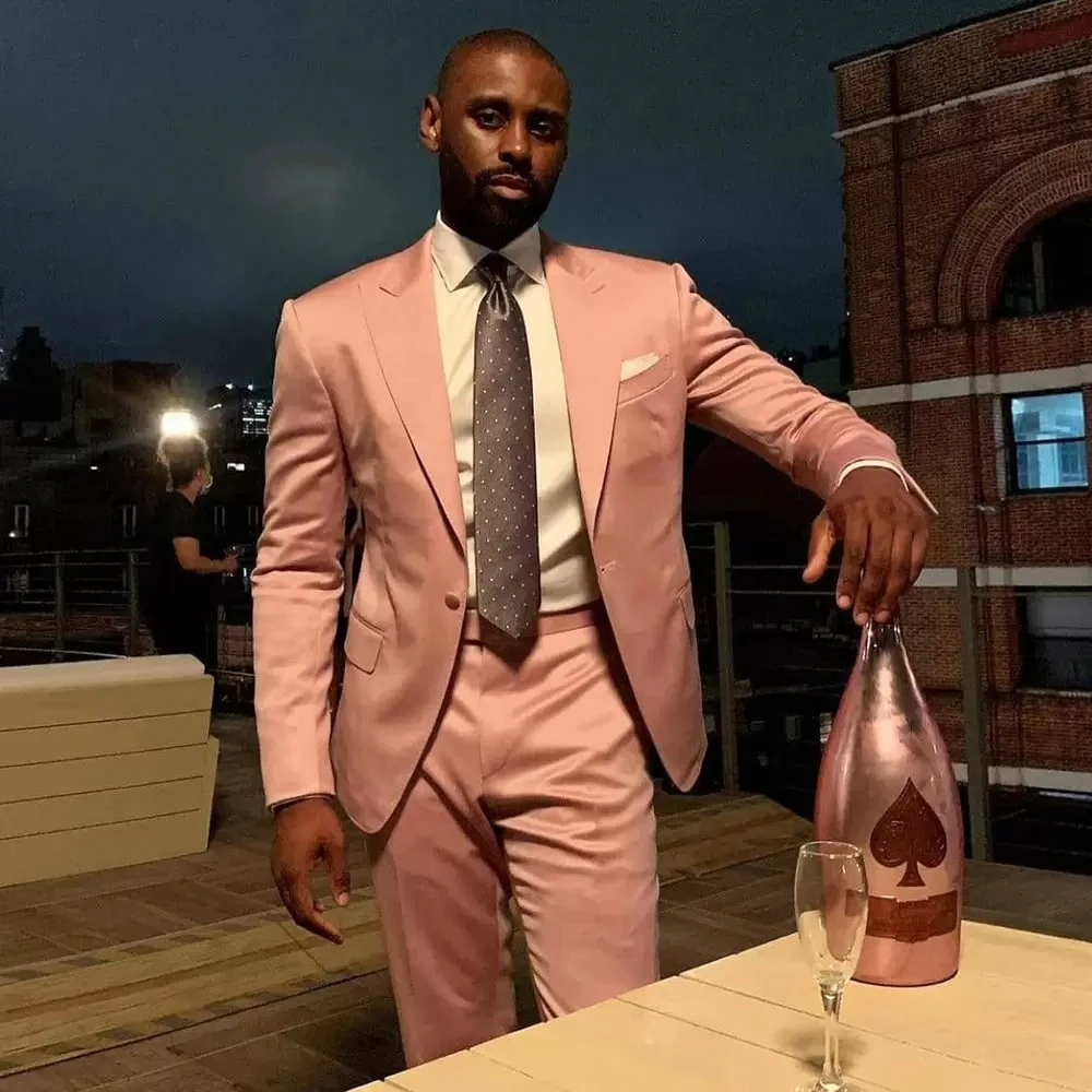 Pink Men' s Suit 2 Pieces Satin Blazer Pants Tuxedo One Button Wide Lapel Slim Fit Business Modern Wedding Groom Tailored