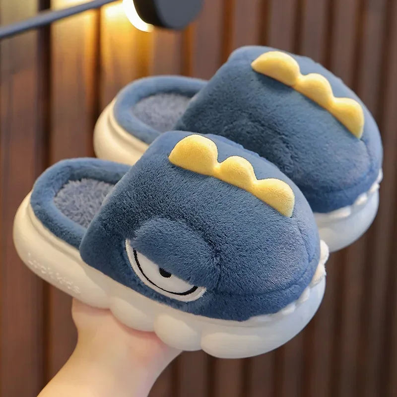 Cute Cartoon Dinosaur Children Plush Slippers Kids Lovely Non Slip Indoor Round Toe Fashion Soft Thick Sole Shoes Sewing Thread