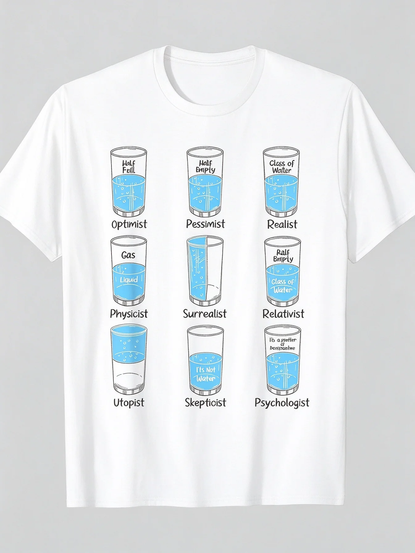 Men's Half Full Half Empty Psychology Meme T-shirt Funny Glasses Graphic O-neck Short Sleeve Cotton Casual Tee Science Gift Tops