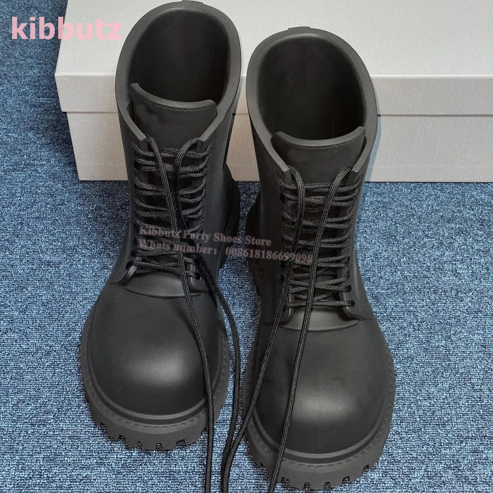 Thick Sole Big Head Knight Boots Lace-Up Genuine Leather Solid Black Platform Fashion Runway Show Concise Novelty Women Men Shoe