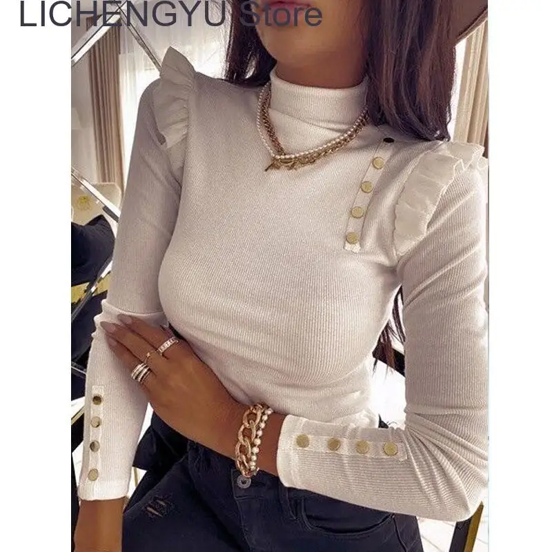 New Fashion Pullover Women Europe and America Button Solid Bottom Sweater Women Ruffled Long Sleeve Women's Knitwear