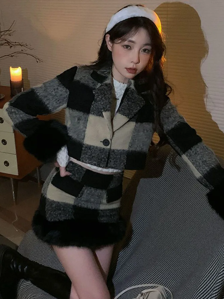 Winter Warm Cotton Padded Lined 2 Piece Sets Women Lapel Neck Cropped Coats Conjuntos Casual Slim Thicken Short Skirts Outfit