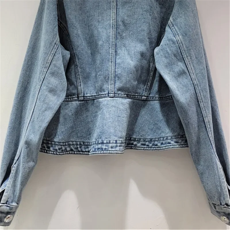 Herbst Vintage Spitze Pailletten Blumen Blau Kurze Jeans Jacke Frauen Stehen Kragen Einreiher Langarm Weibliche Cowboy Outwear