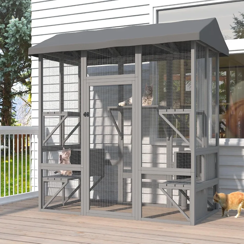 

Catio Outdoor Cat Enclosure, Large Cat House for Mulitiple Cats Walk in Cat Cage with Waterproof Cover and Sunshine Panel Roof,