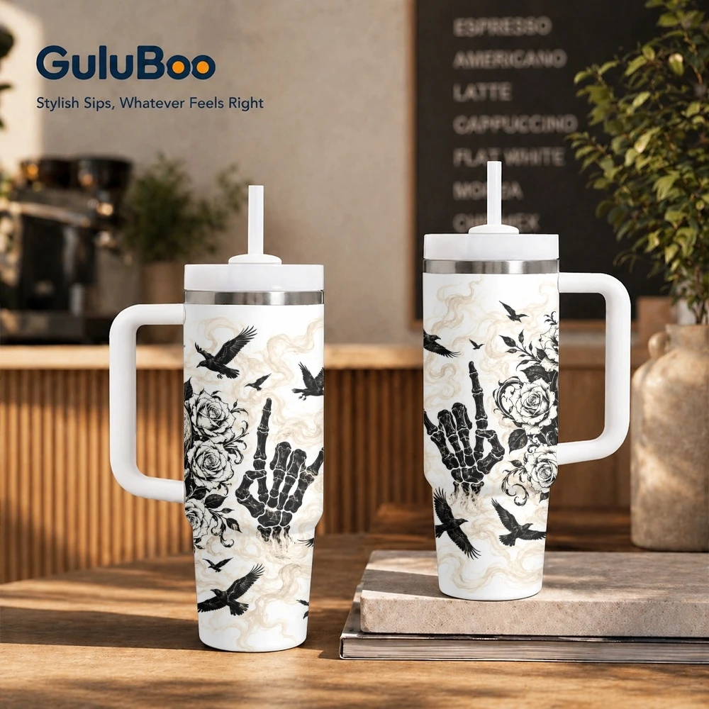 Gothic Skull Rose Ravens Vacuum Flasks 40oz Stainless Steel Insulated Tumbler with Handle & Straw Leakproof Travel Mug