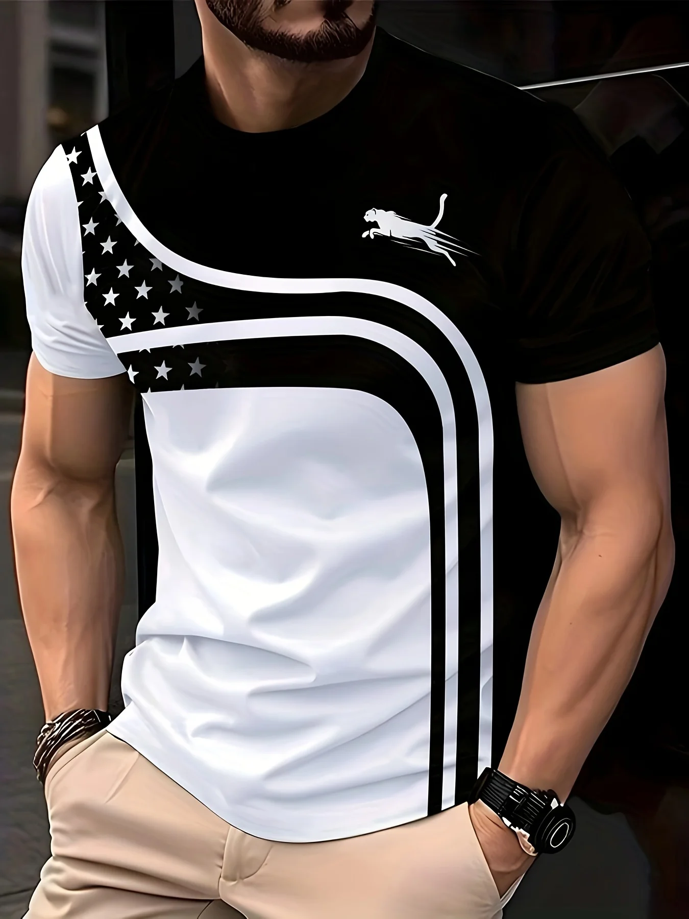 Mens Fashion Curved Panel Tee, Black White Contrast With Star Print and Panther Logo Short Sleeve Daily T-Shirt