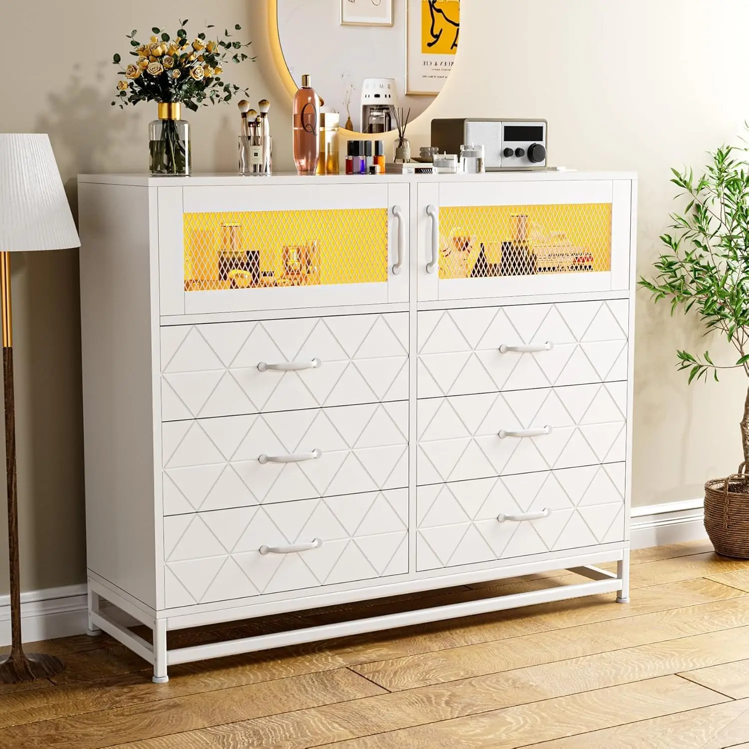 6 Drawer Dresser for Bedroom, Wooden Double Dresser with LED Lights and Charging Station Modern Chest of Drawers with 2 Shelves