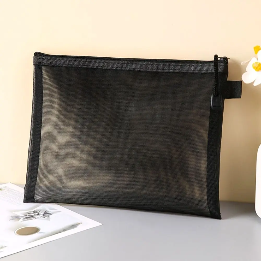 Office School Supplies Mesh Zipper Pencil Case Nylon Solid Color Pen Bag Document Bag Stationery