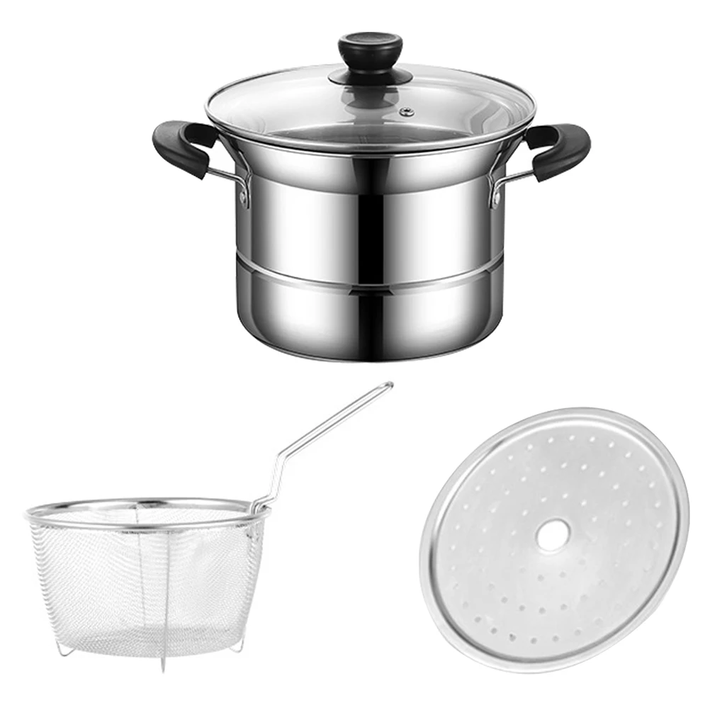 1 Set Edelstahl Suppentopf Suppentopf Fritteuse Topf mit Korb Antihaft-Oberfläche Tragbare Einhand-Milch-Nudeln