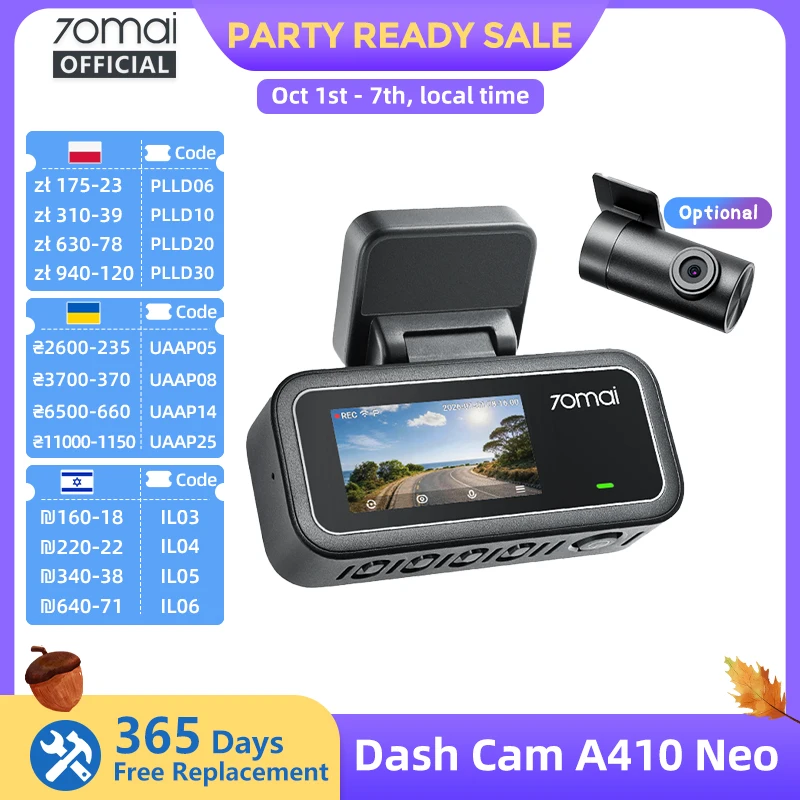 【New】70mai Dash Cam A410 Neo 1440P HDR Dual-Channel Built-in GPS f/1.6 Supercapacitor Wi-Fi 6 24H Parking Car DVR 70mai A410 Neo