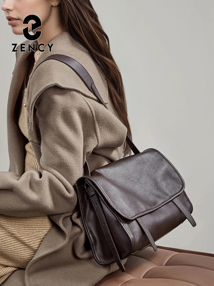 Zency Vintage Women Messenger Bag Genuine Leather Large Capacity Luxury Designer Handbag Minimalism Shoulder Bags for Work