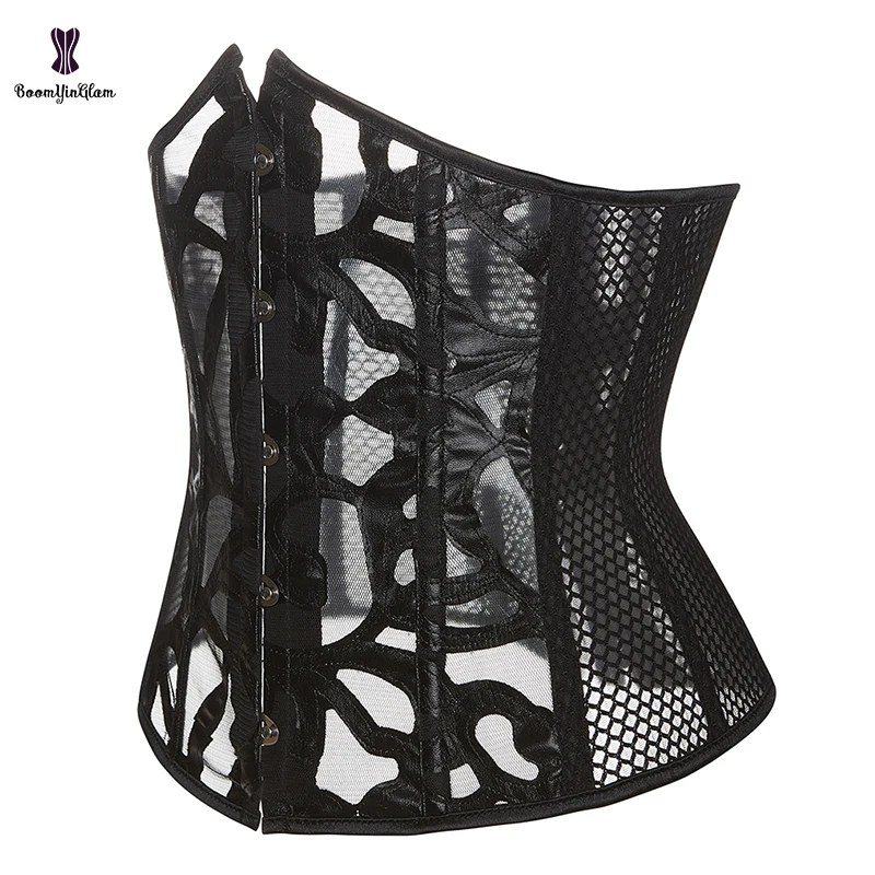 Hollow Out Waist Cincher Shapers Women Plus Size XS-6XL Transparent Sexy Black Leather Mesh Underbust Corset With 5 Busks