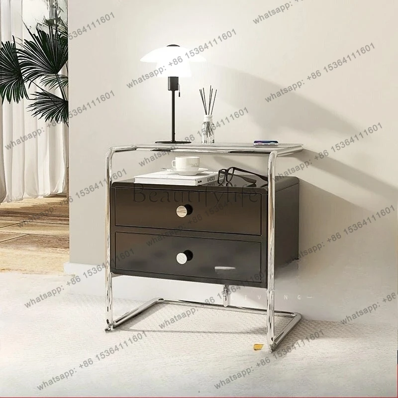 Modern Bedside Table Simple Bedside Table Bedroom Bedside Iron Art Glass Storage Rack