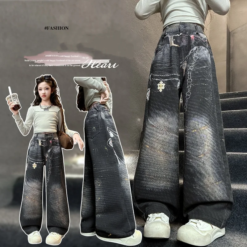 

Girl Jeans Ages 4-14Y Teenage Denim Teenage Child Vintage Trouser Toddler Fashion 3D Printed Denim Kid Y2k Streetwear Goth Pants