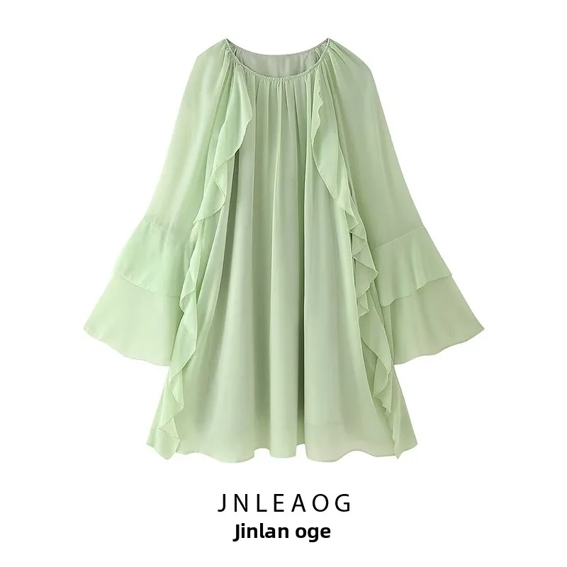 Vestido Faionável com Camadas e Babados JNLEAOG, Saia de Cintura Alta para Mulheres, Manga Longa, Decote Redondo, Casual pa...