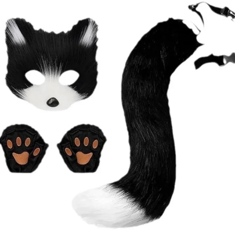 Therian Mask+Tail +Gloves Set Halloween Cosplays Costume Accessorie Fox Mask Tail Half Face Faux Furs Foxes Tail Cats Mask