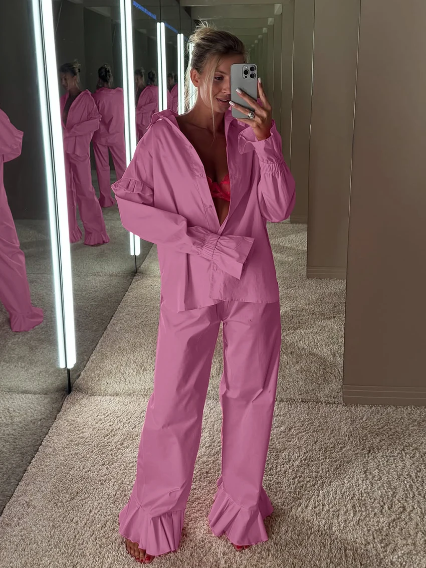 

Marthaqiqi Cotton Female Pajamas 2 Piece Suit Long Sleeve Sleepwear Turn-Down Collar Nightgowns Pants Casual Women Nightwear Set