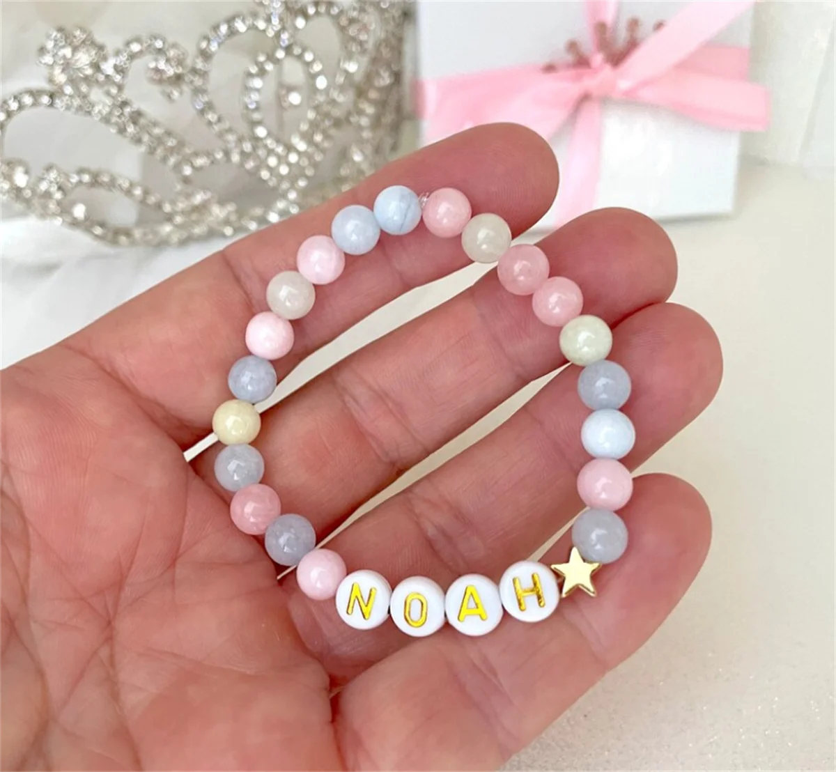 Rainbow Quartz Girls Bracelet, Gift for Girls, 18K Gold Star, Personalized gift, Baby Shower, Name Bracelet, Besties, LiL Sis, B