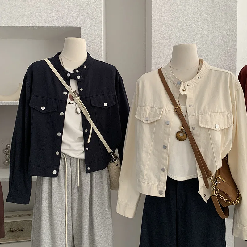 

Women round neck single-breasted long sleeves cotton coat autumn versatile fashion Korean style tops hottie Vintage fashionable