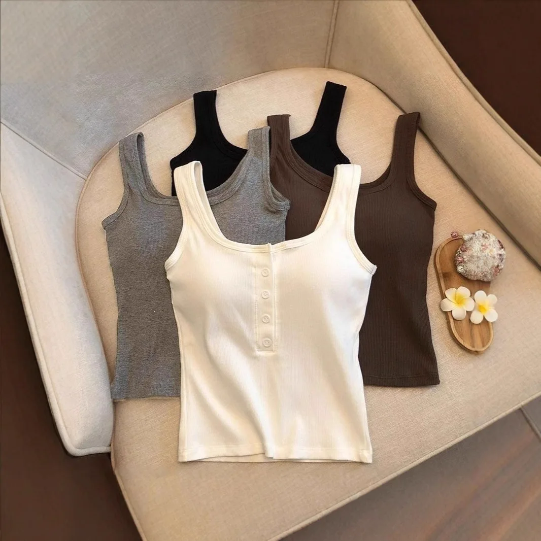 1Pcs Women's Ribbed Henley Tank Top, Square Neck Button Front Built-in Bra Sleeveless Camisole