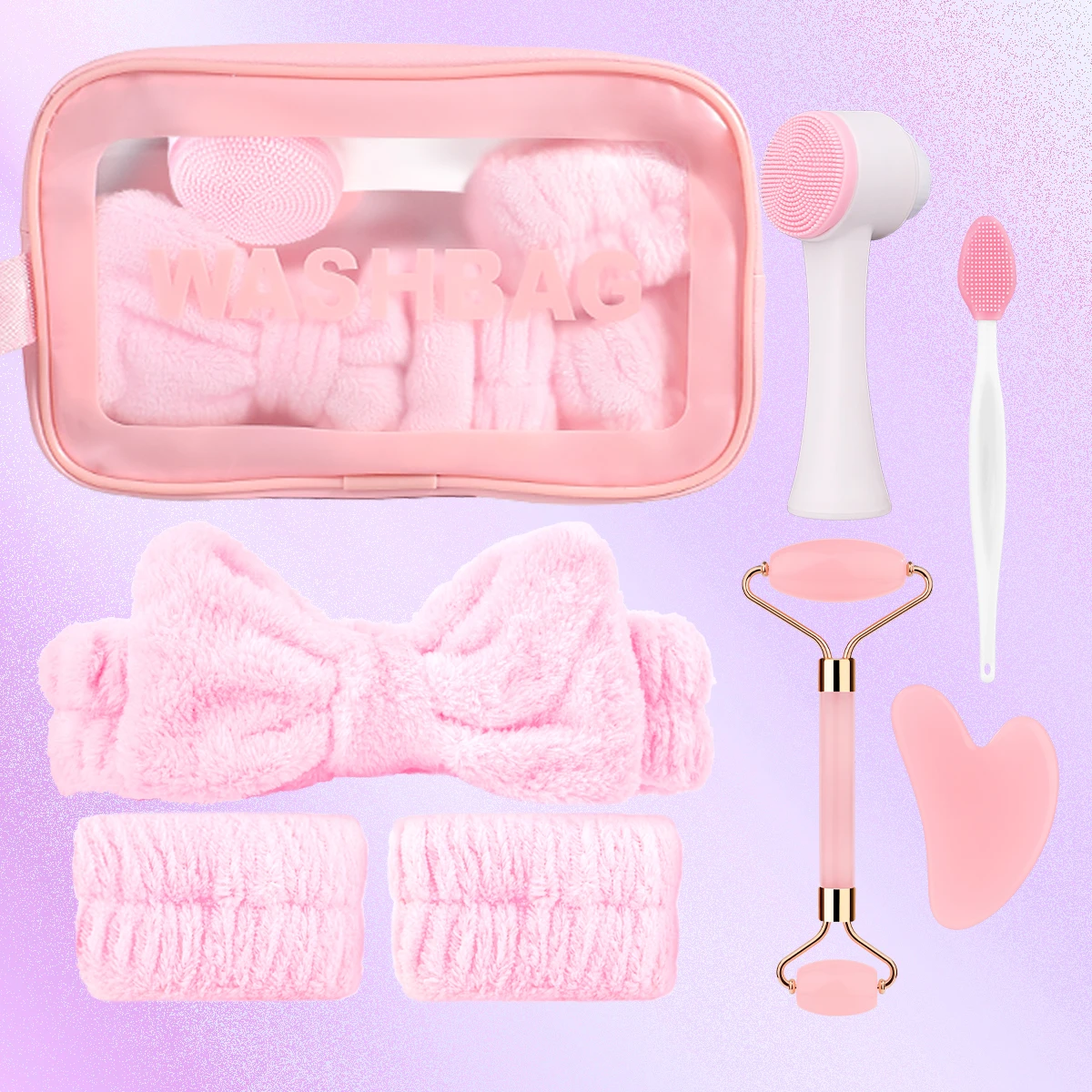 8-piece facial care set, deep cleaning and gentle exfoliating SPA mask such as soft plush hair band and wrist washing brush.