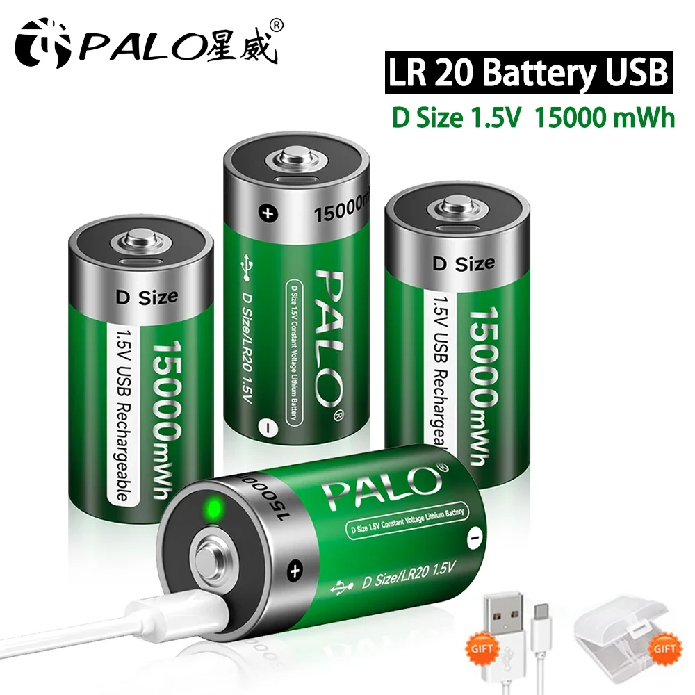 1.5V USB LR20 Battery Rechargeable R20 15000mWh D Size Type Batteries + Type-C Cable for Gas Appliances Liquefied Cooker Li-ion