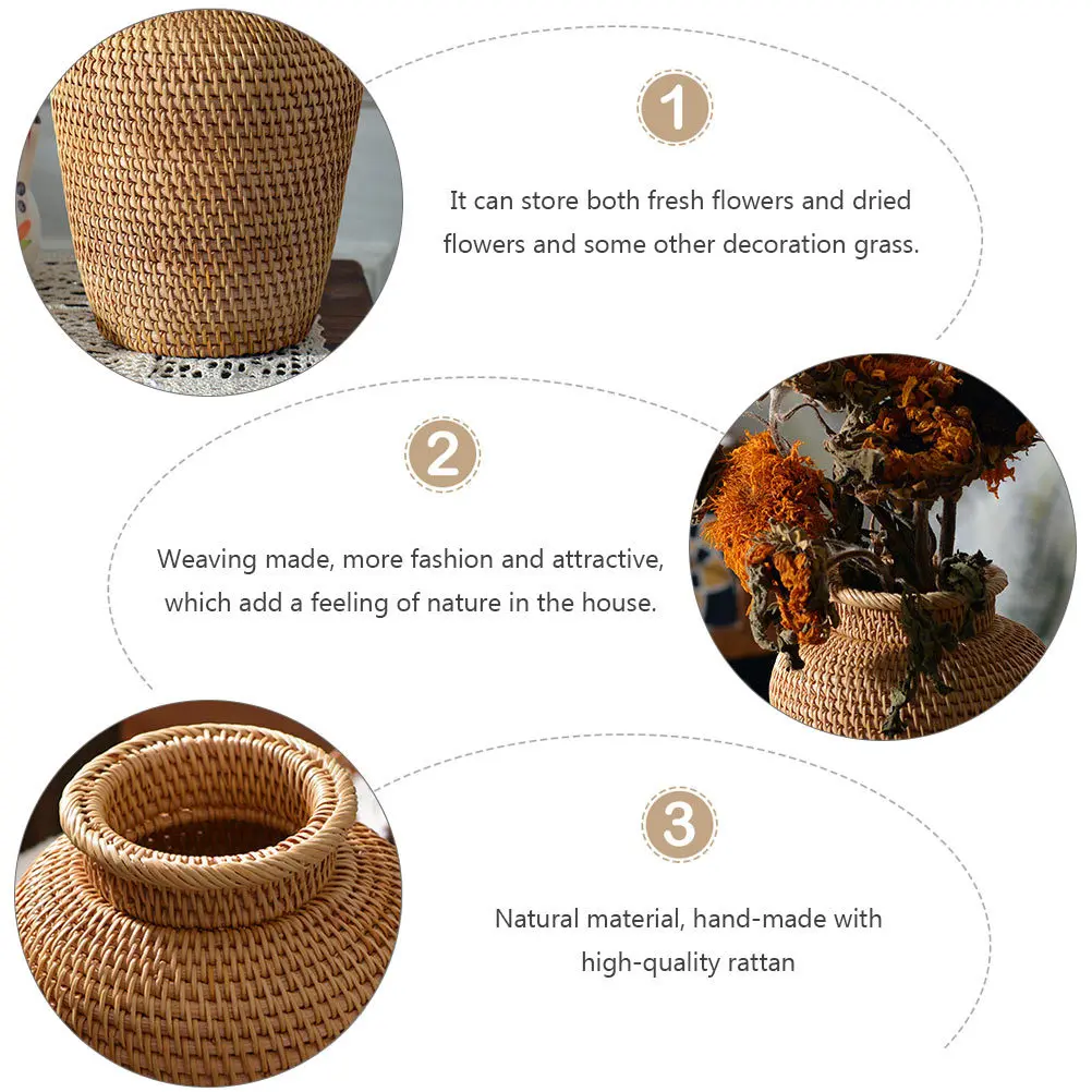 

1Pcs Brown Rattan Woven Flower Vase Rustic Basket Multi Function Wedding Plant Storage Photo Prop Decoration Woven Flowerpot