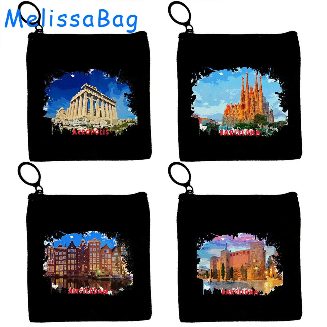 Barcelona Spain Amsterdam Netherlands Acropolis Greece Watercolor Painting Canvas Coin Purse Key Case Bags Wallet Zipper Pouch