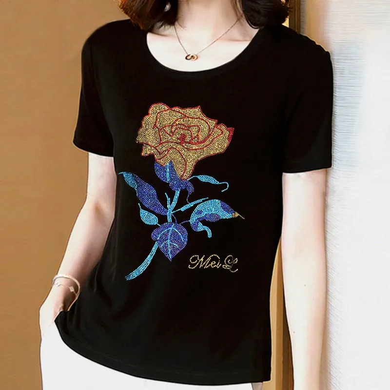 Harajuku 95% Cotton High Quality Hot Drill Women T Shirt Tees Fashion Summer Short Sleeve Flower Top Golden Rose Mother T-shirt