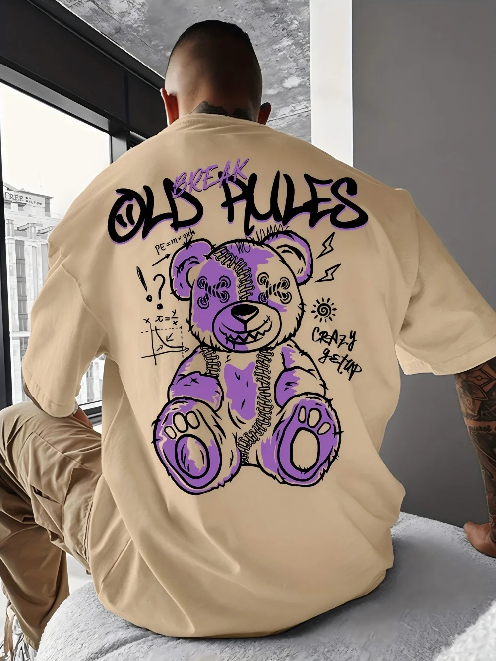 American men's summer gradient patch teddy bear letter print micro elastic breathable round neck T-shirt outdoor casual top