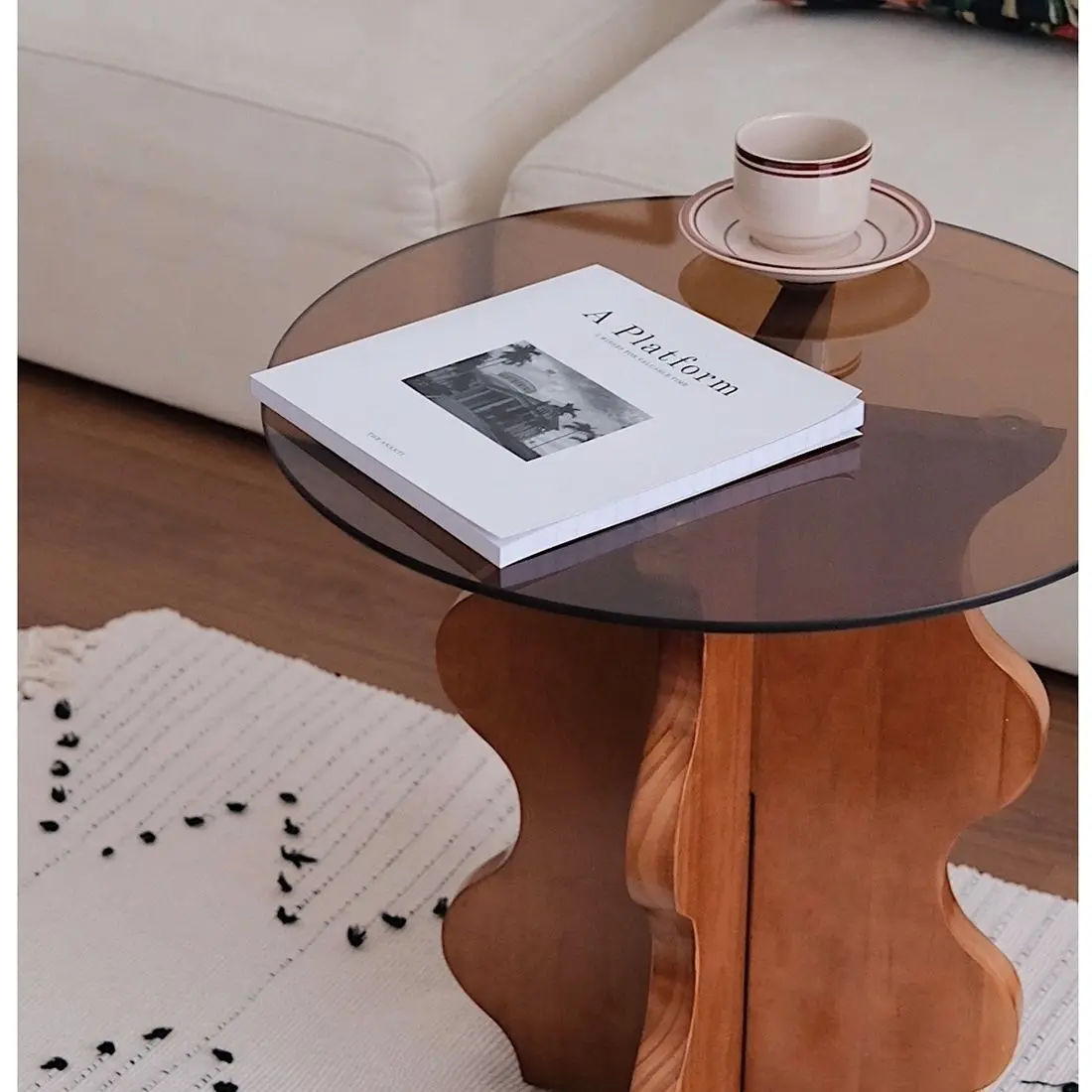 Table Basse en Bois Massif, Table d'Appoint de Canapé, Petite Table d'Appoint Ronde, Table de Lecture de oral et, Verre Brun Médiéval