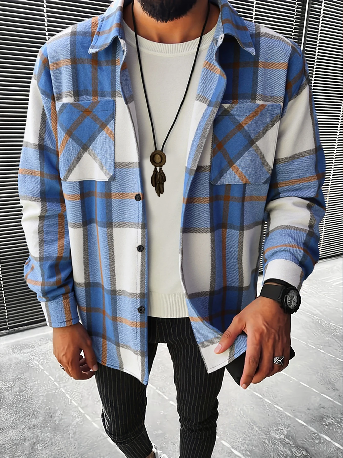 

Men's Plaid Shirt Jacket Open Front Cardigan Coat Casual Fashion Outerwear Long Sleeve Button-Up Jacket