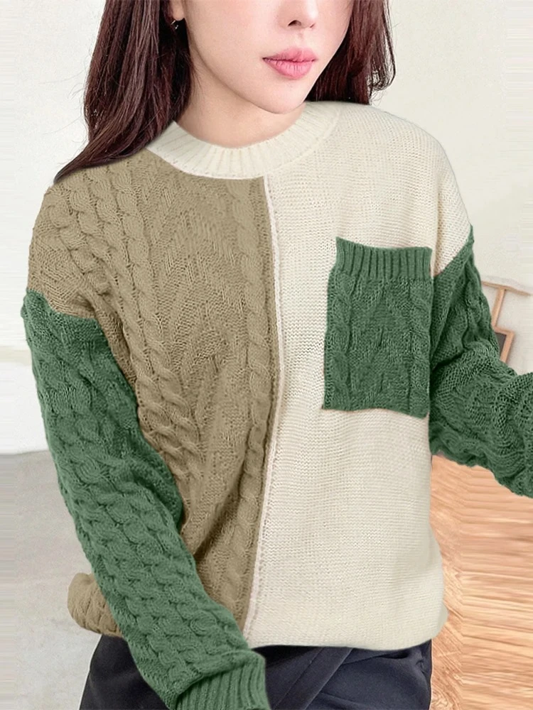 

Осенние новые лоскутные свитера, женские пуловеры, вязаный джемпер, стильный свитер с длинными рукавами и круглым вырезом, женская уличная одежда