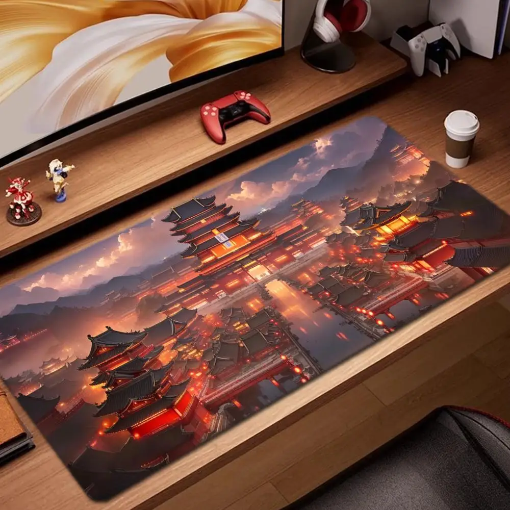 

Chinese style architecture Mouse Pad Game Accessories keyboard pad XXL large locking edge 900X400 mm table mat Gaming mousepad