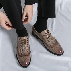 Designer New Brogue Men Brand Business Party Oxford Leather Shoes Male Fashion Summer Breathable Solid Color Leather Mesh Shoes