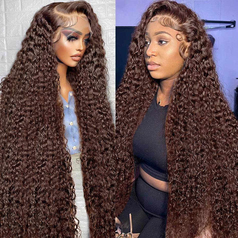 CEXXY 250% Chocolate Brown Deep Wave Frontal Wigs 13x4 13x6 HD Lace Frontal Wigs Water Wave 30 40Inch Curly Lace Frontal Wig