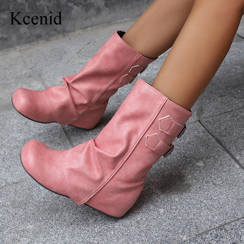

Kcenid модные женские ботинки до середины икры с круглым носком, женская обувь, увеличивающая рост, лаконичные ботильоны без шнуровки с пряжкой для женщин, размер 50,