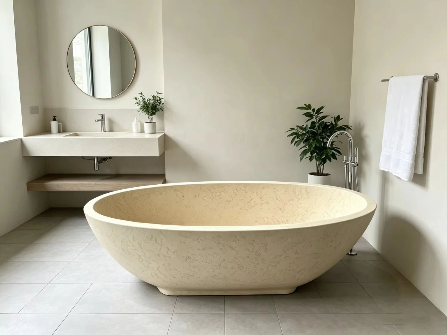 #￥Luxury Custom-made Modern Oval Beige Marble Eco-Friendly Freestanding Soaking Bathtub for Bathroom