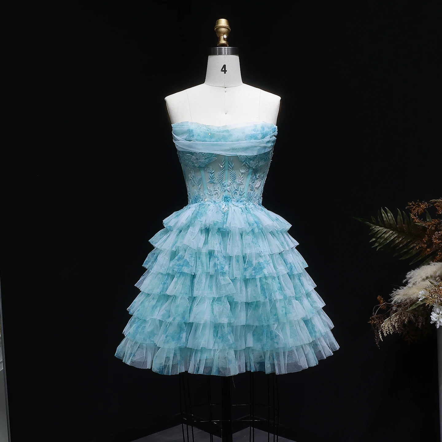 Sharon Said Aqua Trägerloses Blumenverziertes Stufenkleid aus Tüll für Abschlussball, Dubai Sexy Mini-Cocktailkleid, Abendkleid RM133 Maßanfertigung – Detail 5